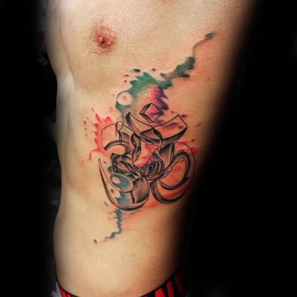 Male Om Watercolor Rib Cage Side Tattoos