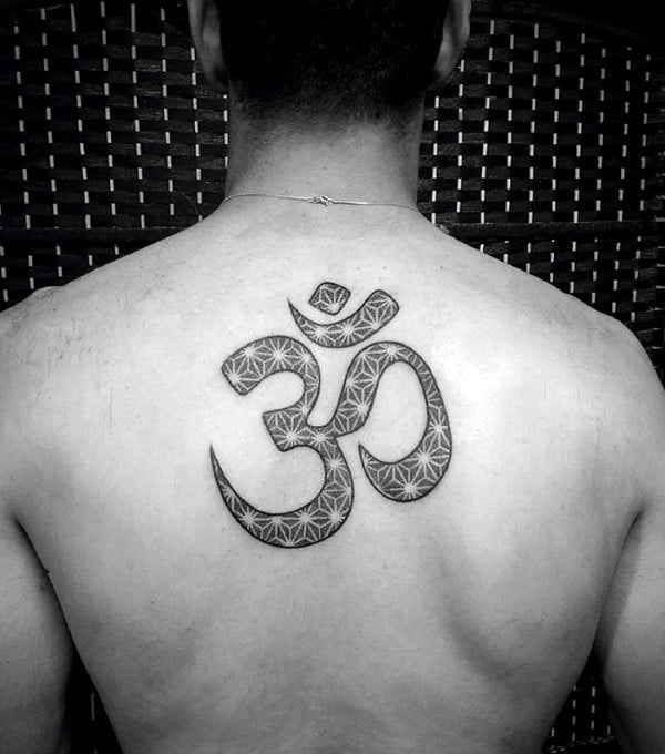 Man With Flower Of Life Geometric Om Upper Back Tattoos