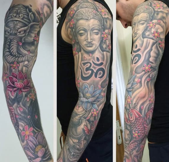 Mens Hinduism Sleeve Tattoo With Om Design In Black Ink