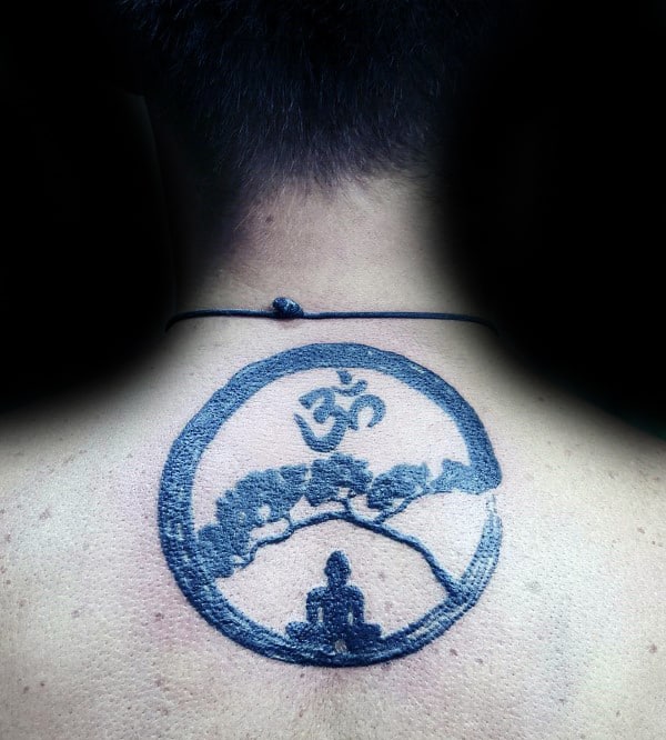 Mens Spiritual Om Upper Back Circle Tattoos