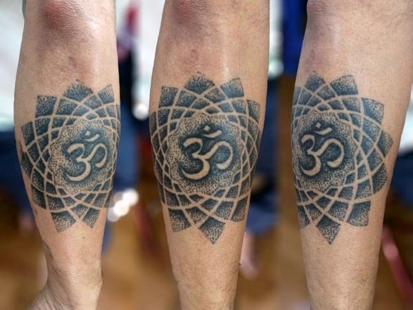 Outer Forearm Om Tattoo On Gentleman With Dotwork Design