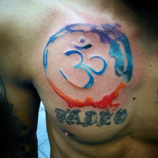 Watercolor Om Tattoo For Men On Upper Chest