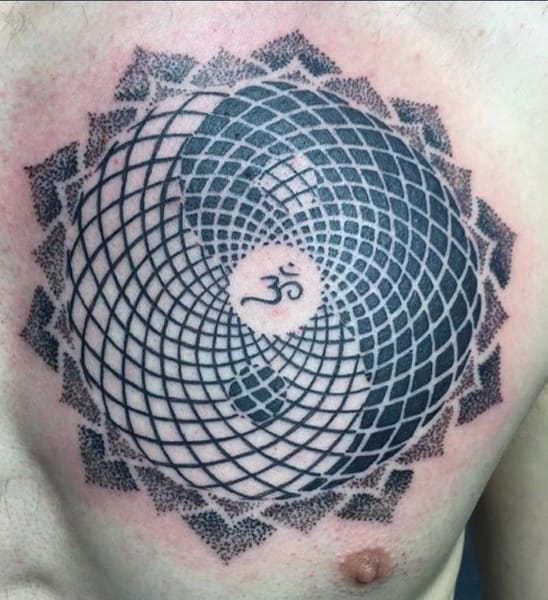 Yin Yang Guys Geometric Dotwork Om Chest Tattoos