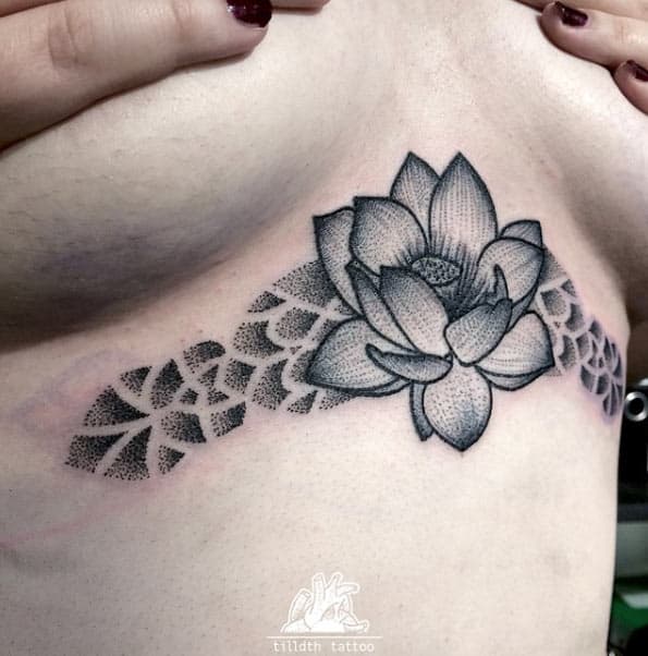 Dotwork Underboob Lotus Tattoo by sarah herzdame