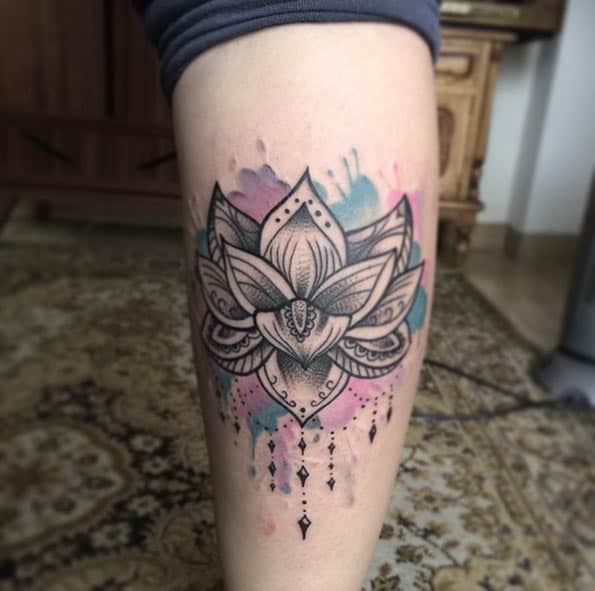 Lotus Flower Leg Tattoo by Cristiano Fernandes 