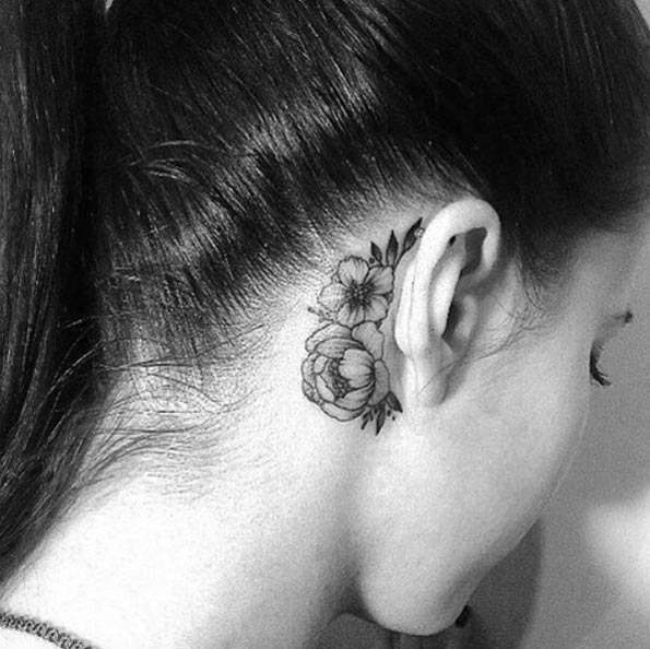 Blackwork Floral Behind The Ear Tattoo by Kristina Darmaeva