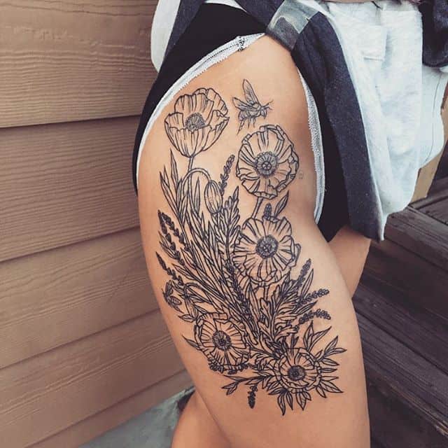 Left leg tattoo | Hip tattoos women, Hip thigh tattoos, Flower hip tattoos