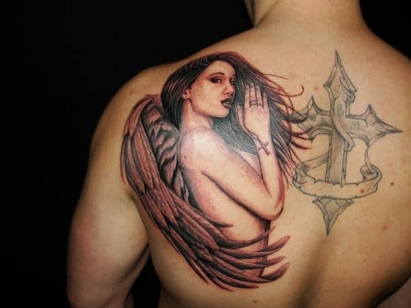 Angel Tattoos For Men Shoulder. cross and angel tattoo on back. 