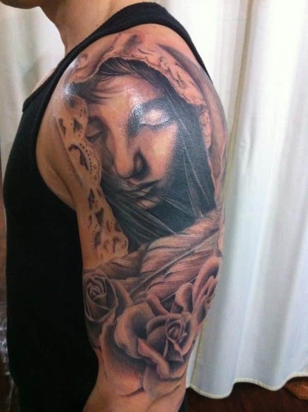 Rose And Angel Tattoo On Right Half Sleeve For Men