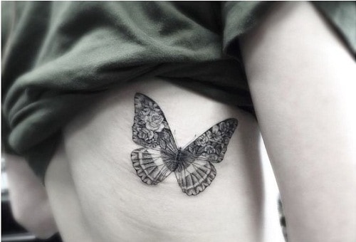 Black Butterfly with Roses on Side Tattoo