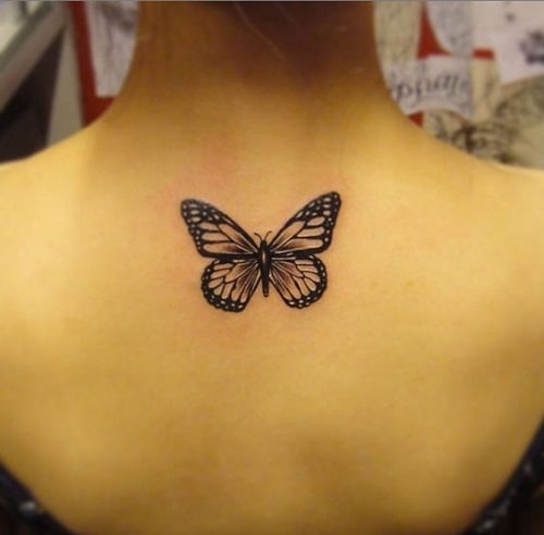 Black Upper Back Butterfly Tattoo