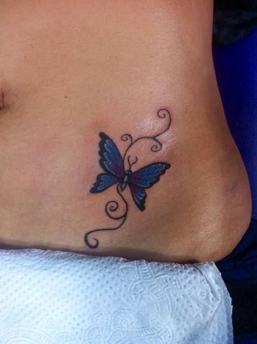 Blue Small Butterfly with Swirls Tattoo