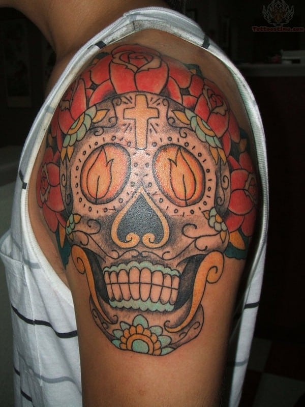 Burning Candles And Sugar Skull Tattoo On Shoulder