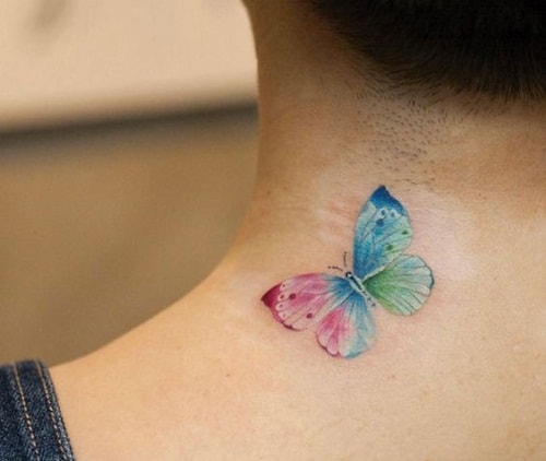 Colorful Butterfly Tattoo on Neck