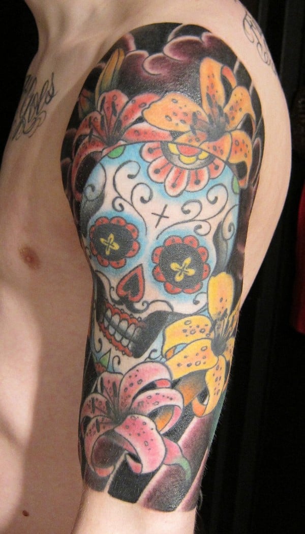 Half Sleeve Sugar Skull N Flowers Tattoo Design