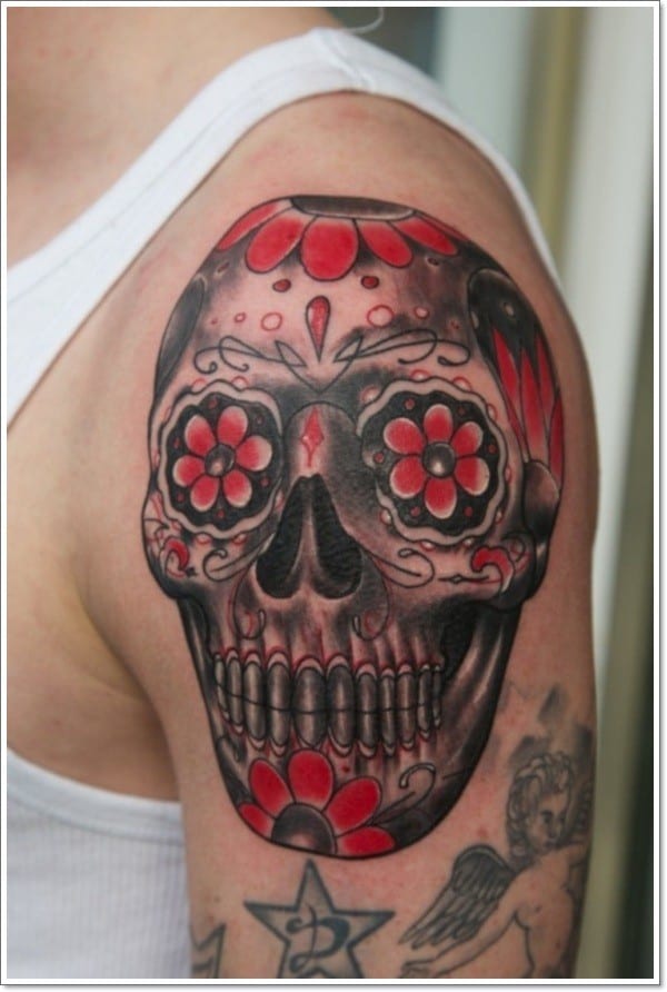 Mexican Black Red Sugar Skull Tattoo