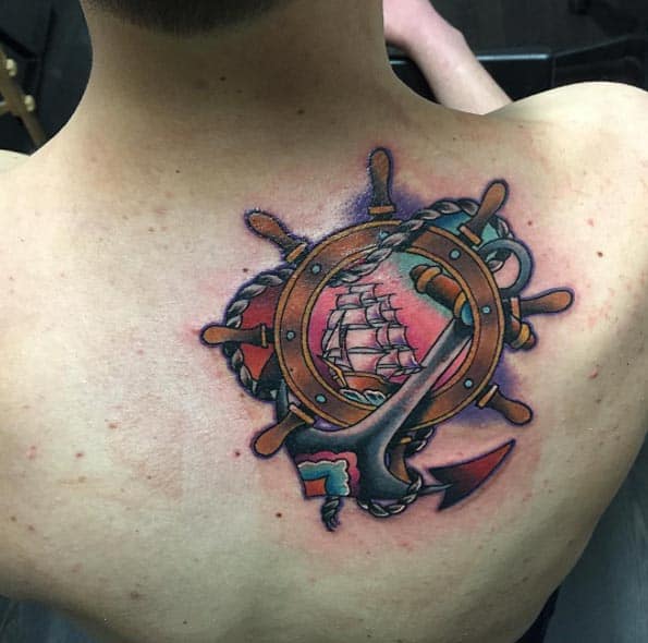 Nautical Anchor and Helm Tattoo on Back 