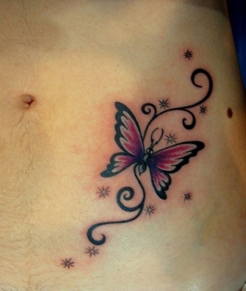 Pink Butterfly with Swirls and Sparkles Tattoos