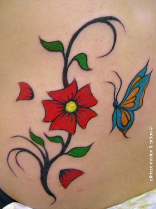 Red Flower with Small Blue Butterfly Tattoo