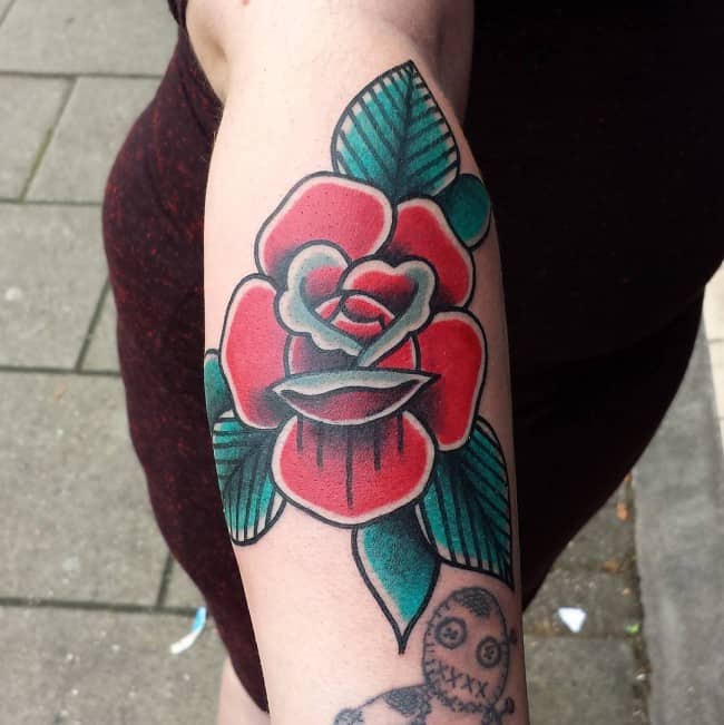 traditional rose sleeve tattoo