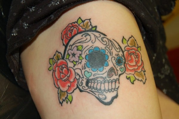 Roses And Sugar Skull Tattoo Designs