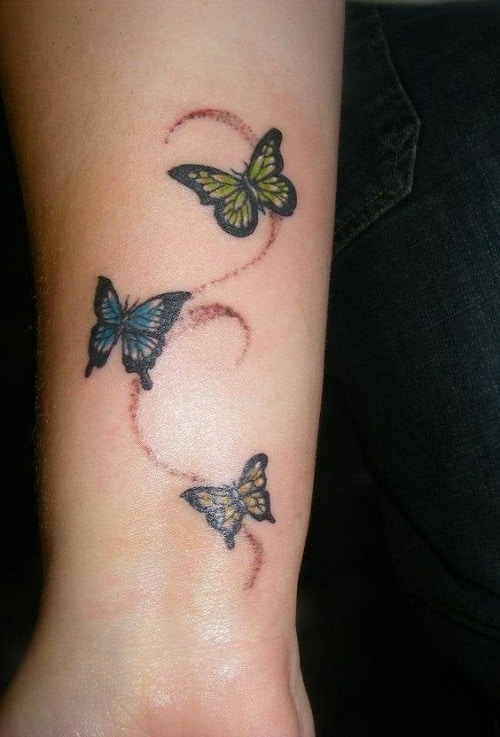 Small Three Yellow, Green and Blue Butterflies Tattoo