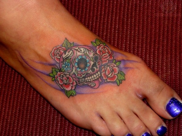 Sugar Skull And Red Roses Tattoos On Foot