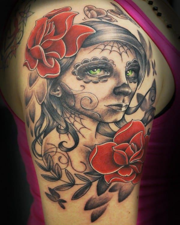 Sugar Skull Red Owl And Rose Tattoo Designs