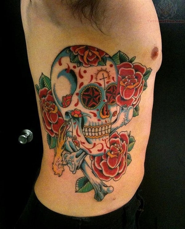 Sugar Skull Roses Tattoo On Side Rib