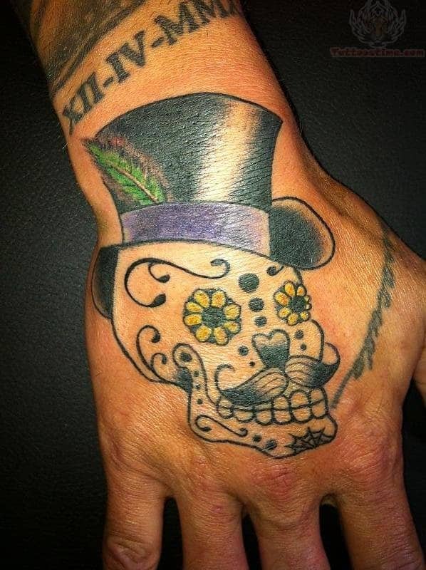 Sugar Skull With Hat And Mustache Tattoo On Hand