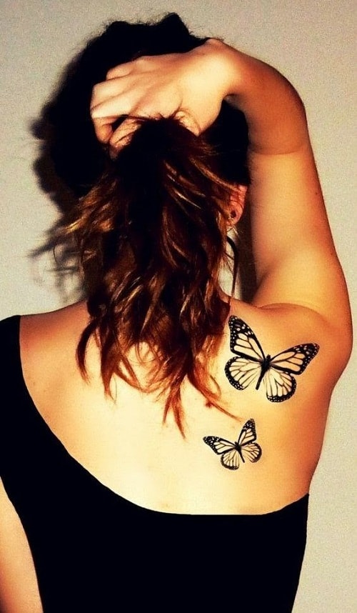 Two Black Butterfly Tattoo on Right Upper Back