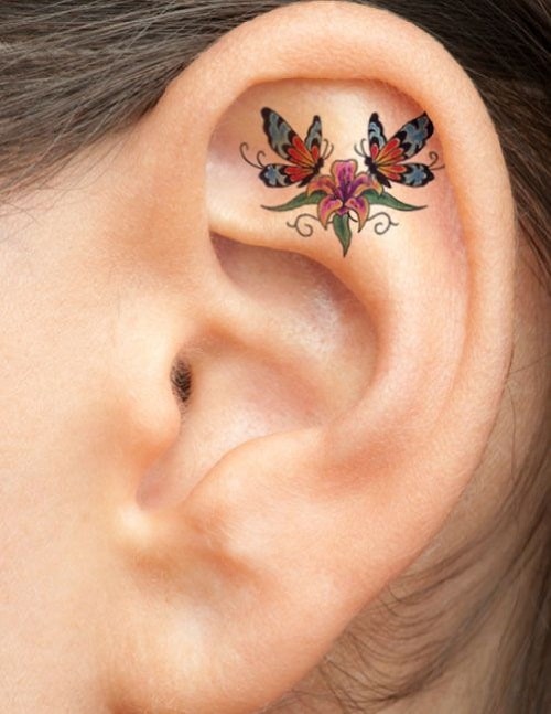 Two Butterflies and One Flower Ear Tattoo