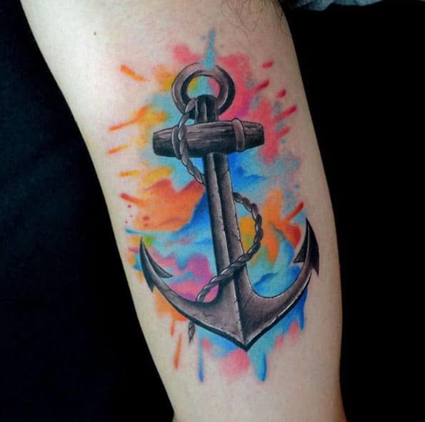 Colorful Watercolor Anchor Tattoo by Uilian Garcez