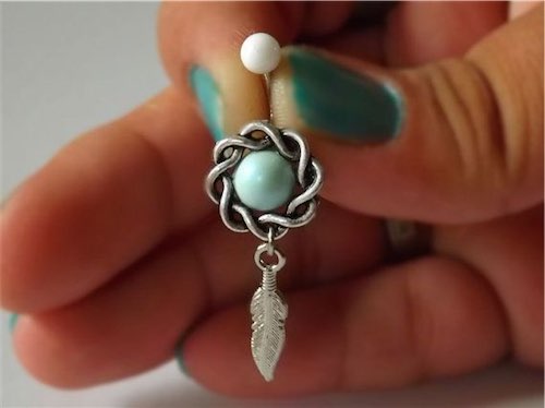 Dream Catcher Belly Ring Turquoise Bead Accent and Feathers 