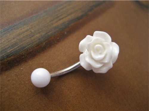 White Rose Bud Rosebud Flower Navel Stud Piercing Bar Barbell