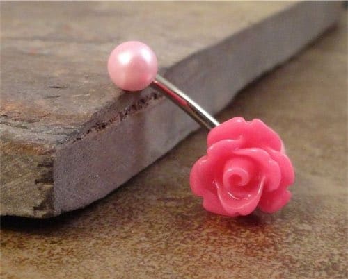 Pink Rose Flower Belly Button Ring Blush Pearl 