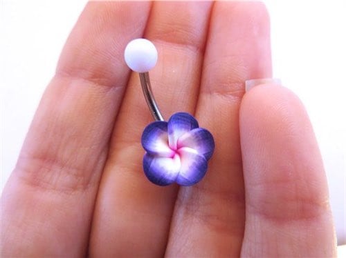 Purple Hawaiian Flower Plumeria Belly Button Ring
