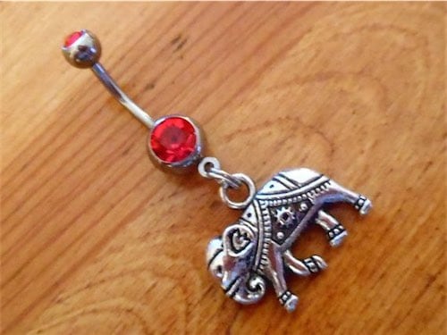 Belly button Ring Silver Elephant with Red Gem