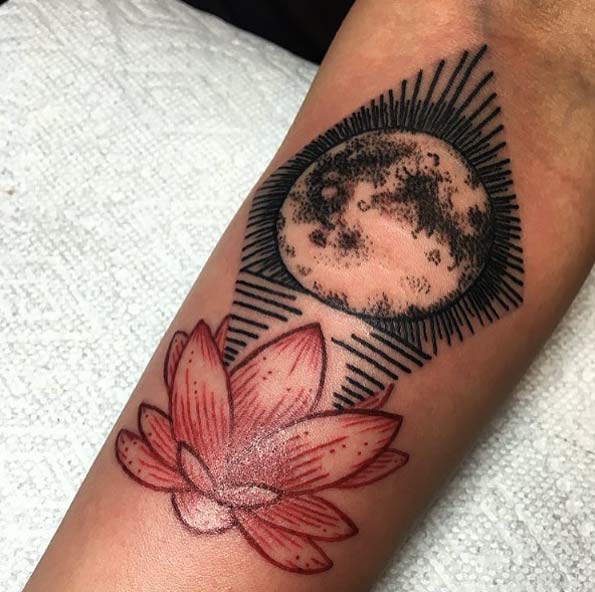 Moon & Lotus Flower Tattoo by Hira Lupe