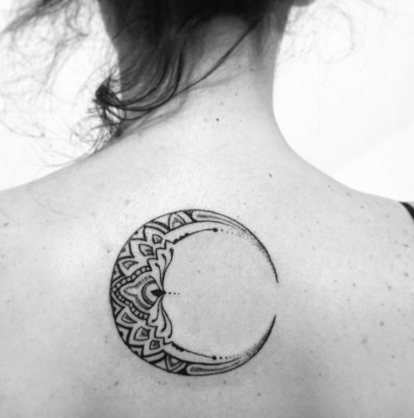 Intricate Crescent Moon Tattoo by Paula Sgarbi & Kadu Antonioli