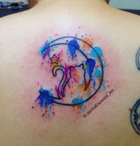 Watercolor Cat & Moon Tattoo by Jainha Espadas