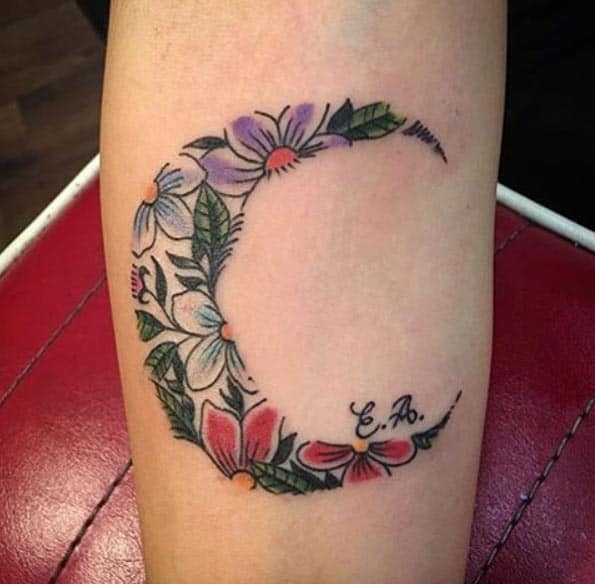 Colorful Floral Moon Tattoo by Cole Knox