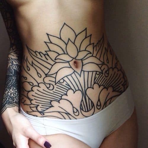 Black Stomach Plain Flower Tattoos