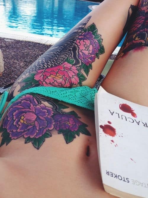 Blooming Violet Flowers Stomach Tattoos