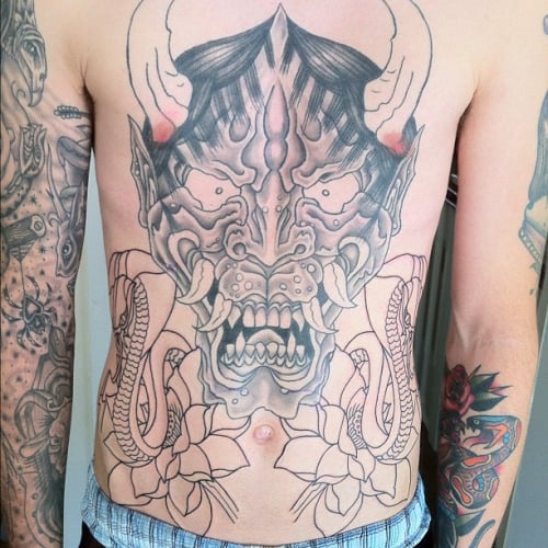 Demon with Snakes Tattoos on Stomach
