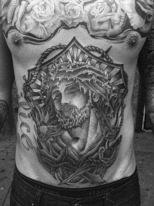 Jesus with Crown of Thorns Stomach Tattoo