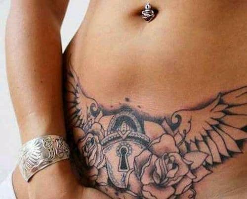 Lock with Roses Stomach Tattoos