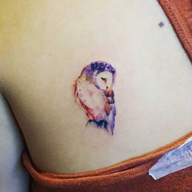 Tiny Watercolor Owl Tattoo