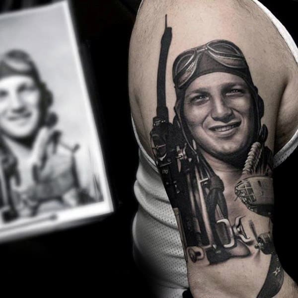 Amazing 3d Realistic Guys Memorial Military Veteran Tattoo On Upper Arm