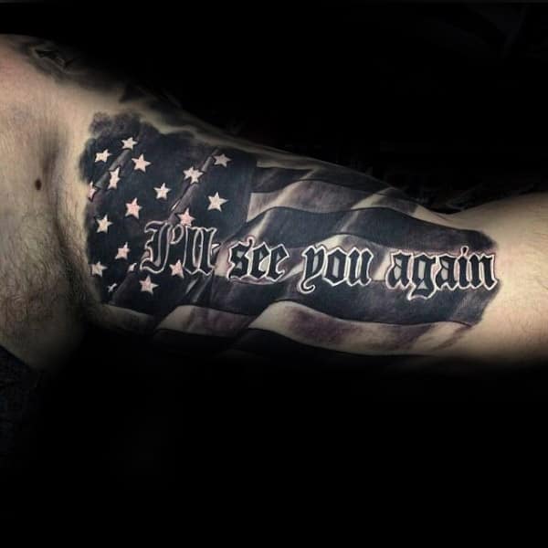 American Flag See You Again Lettering Guys Memorial Inner Arm Tattoo Design Ideas